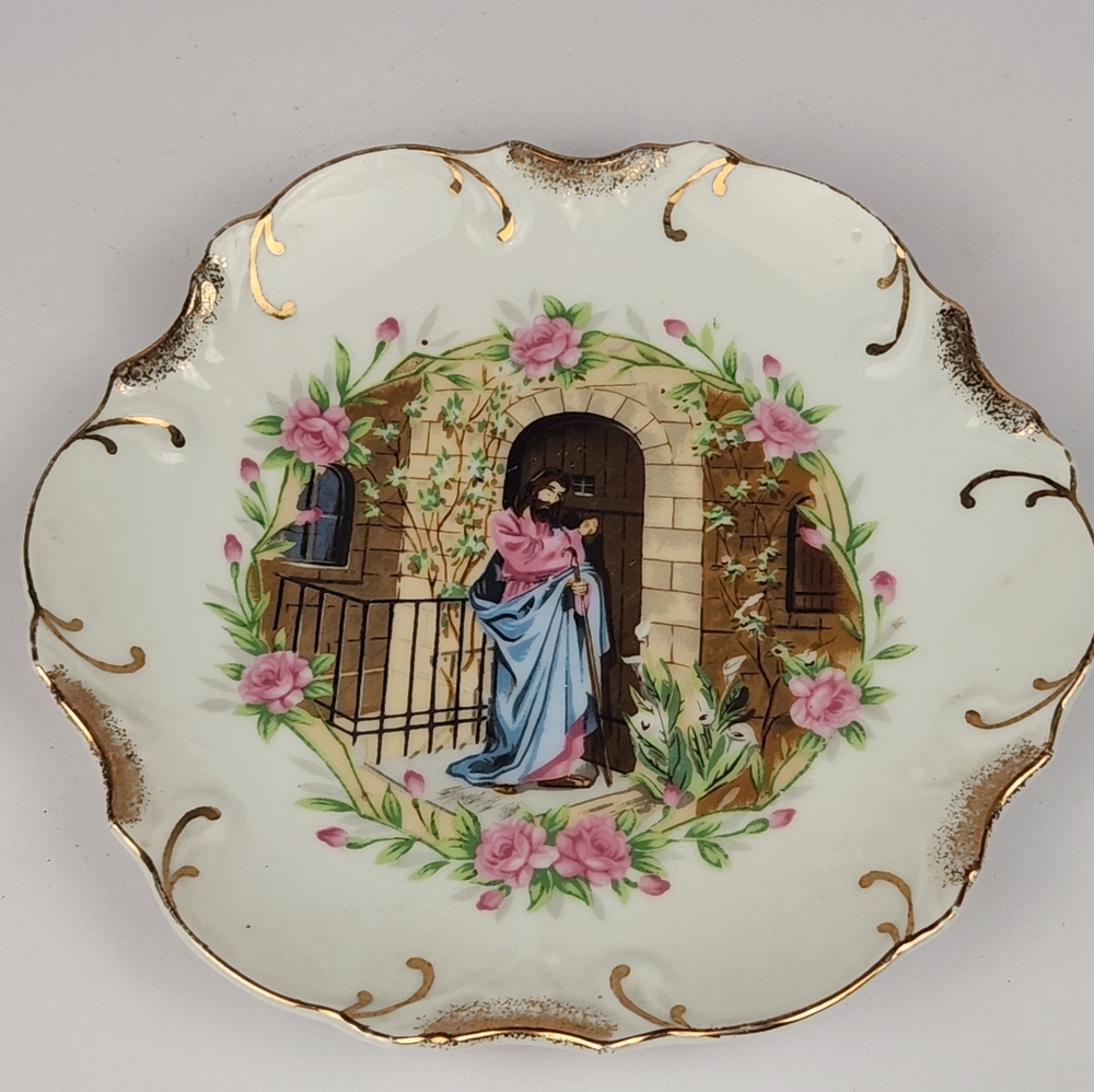 Decorative Religious Plate Jesus Christ Knocking Floral Design 18K Gold Trim